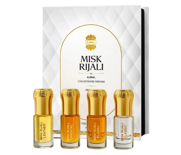 Ajmal Misk Rijali Attar Pack (Leather, Oriental, Floral & Classic) 3ml X 4